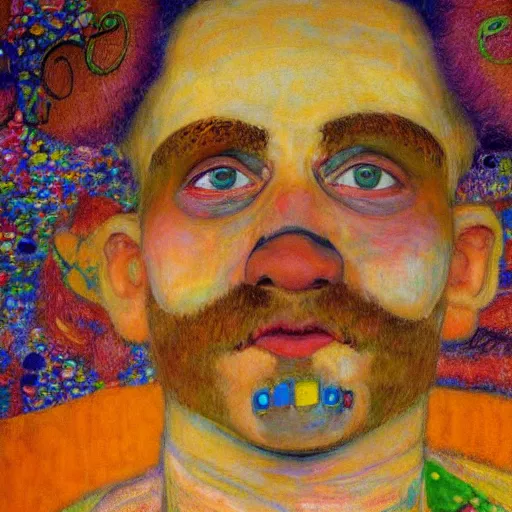 Prompt: detailing character concept portrait of clown by Gustav Klimt, on simple background, oil painting, middle close up composition