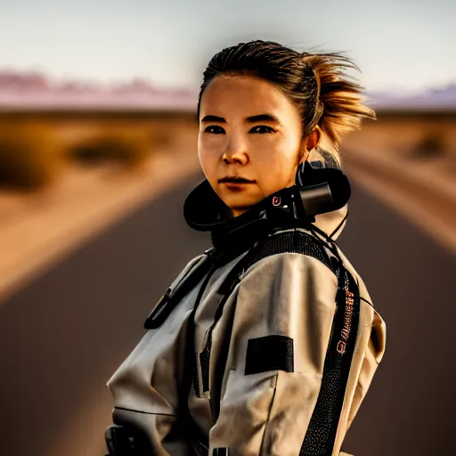 Prompt: photograph of a techwear woman, closeup, on a desert road with a futuristic city in the horizon, sigma 85mm f/1.4, 4k, depth of field, high resolution, 4k, 8k, hd