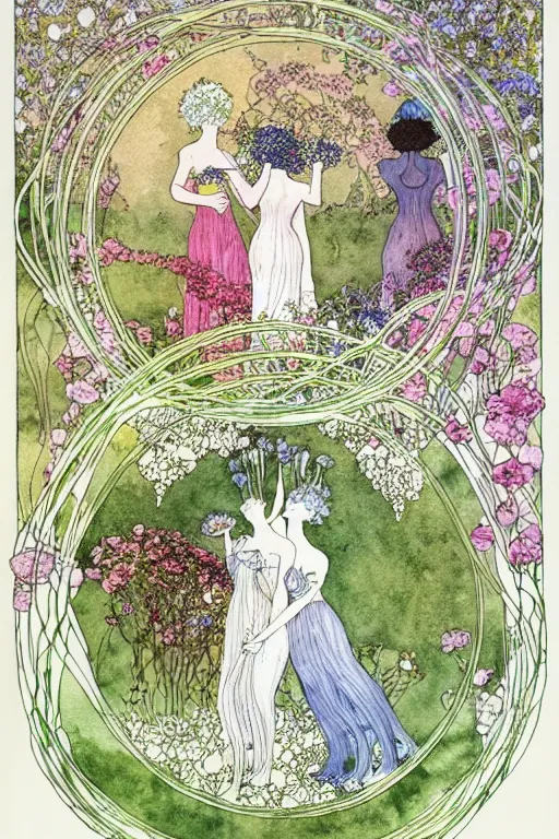 Prompt: three women holding hands in a circle with flowers growing around, flower frame, detailed art by kay nielsen and walter crane, illustration style, watercolor