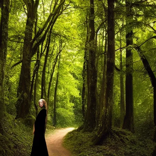 Prompt: a beautiful woman wearing a black gown stands in a bright forest, beautiful face, medium shot by Steve McCurry