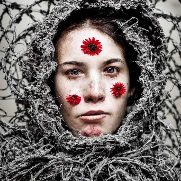 Prompt: closeup portrait of a woman wearing a hooded cloak made of zinnias and barbed wire, in a derelict house, by Terry Richardson, natural light, detailed face, CANON Eos C300, ƒ1.8, 35mm, 8K, medium-format print