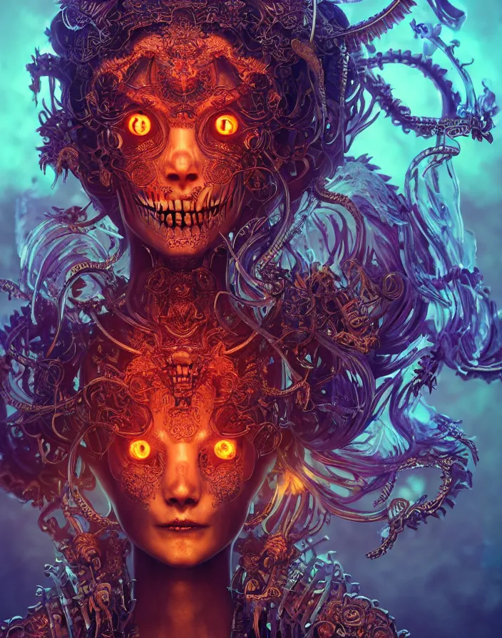 Prompt: demon goddess close-up portrait tribal slavic russian princess skull, ancient high tech, jellyfish phoenix dragon, butterfly squid, burning halo, intricate artwork by Tooth Wu and wlop and beeple, greg rutkowski, very coherent symmetrical artwork, cinematic, hyper realism, high detail, octane render, unreal engine, 8k, Vibrant colors, Smooth gradients, High contrast, depth of field, aperture f1.2