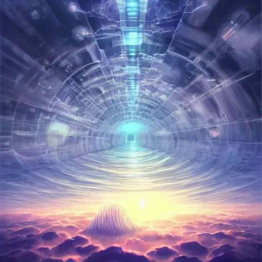 Image similar to this is a beautiful surreal scenery artwork from pixiv. it includes gigantic living inside network of cloud computing material, cloud buildings with internal computer infinites. god lighting, rays, sublimely cold color palette. insanely detailed, artstation!! pixiv!! infinitely detailed