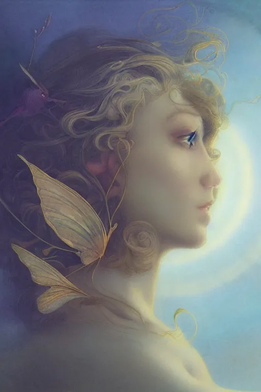 Image similar to a faerie, profile portrait, golden ratio, detailed, rainbowshift, by jean - baptiste monge and maxfield parrish and artgerm