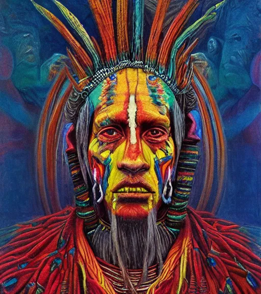 Prompt: Portrait painting in a style of Beksinski mixed with Alex Grey of an old shaman dressed in a colorful traditional clothes. Symmetry