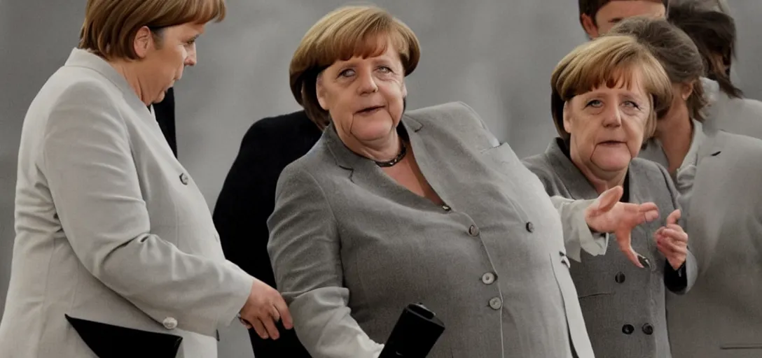 Prompt: angela merkel as voldemord, with big gun in her hands