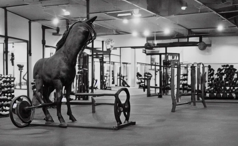 Prompt: cart horse with big hands in a gym, turning right, standing down