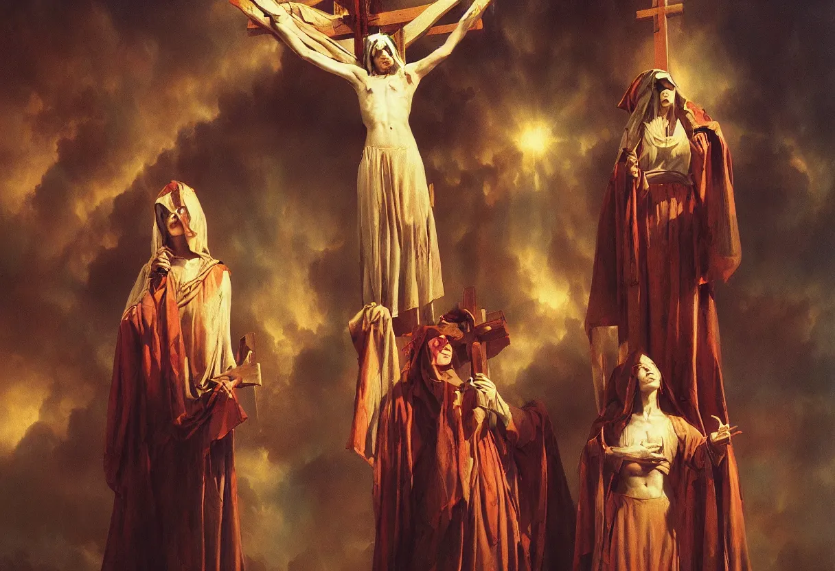 Prompt: holy mary bleeding from her eyes under the cross, colorfully ominous background, hyper realism, matte painting, realistic, dramatic lighting, octane render, highly detailed, cinematic lighting, cinematic, volumetric, by rutkowsky and gerald brom and frazetta and rembrandt