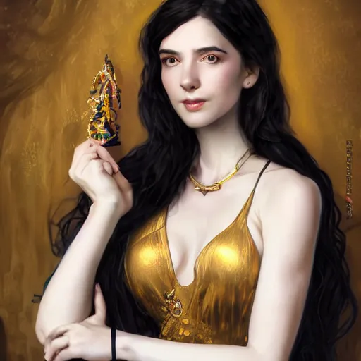 Image similar to portrait of a smiling, beautiful, pale skin eastern european female with long black hair, dark brown eyes, elegant clothing, photorealistic, highly detailed, artstation, smooth, sharp focus, gold ornaments, neon lighting, sci - fi, art by gustav klimt, artgerm, greg rutkowski and alphonse mucha