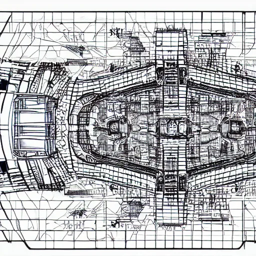 Image similar to detailed blueprint of huge spaceship in style of Junji Ito and Yoshitaka Amano