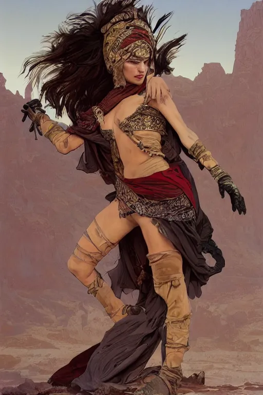 Prompt: a full body portrait of a beautiful post apocalyptic offworld desert bedouin thief savage rogue in beggars clothes in ballet pose by the emerald oasis pools, intricate, elegant, highly detailed, digital painting, artstation, concept art, smooth, sharp focus, illustration, art by krenz cushart and artem demura and alphonse mucha