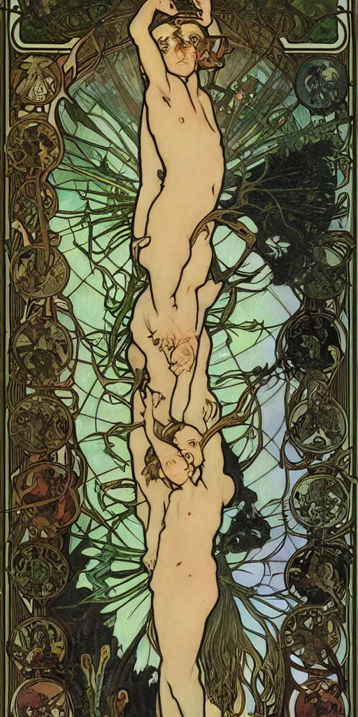 Image similar to A Pans Labyrinth Style Tarot Card of a narcissus by Alphonse Mucha and Martin Scorsese, Demonic, Diorama, CGSociety