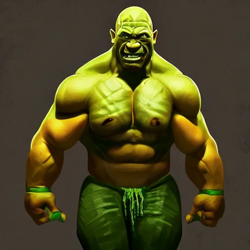 Image similar to upper body illustration of a dwayne johnson as an orc, green skin, strong chest, mattepainting concept blizzard pixar maya engine on stylized background splash comics global illumination lighting artstation, sharp focus, lois van baarle, ilya kuvshinov, rossdraws