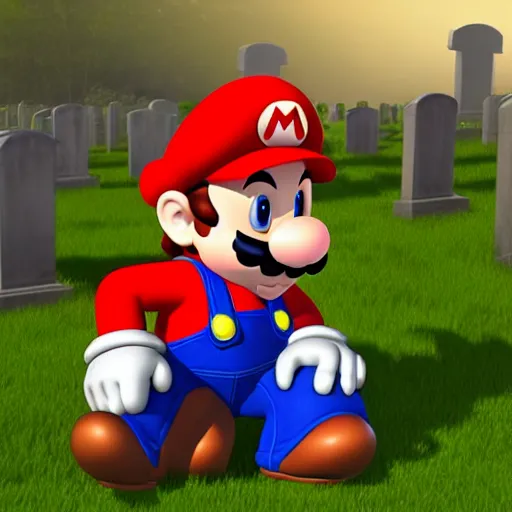 Image similar to Digital art of an aged Mario kneeling in a graveyard. The headstone in front of him says YOSHI. The trees in the graveyard are bare. The art evokes a sensation of loss and nostalgia.