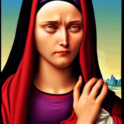 Prompt: portrait of crying gorgeous young mother mary our lady of sorrows by greg hildebrandt lisa frank beautiful high detail vibrant colors long hair open eyes weeping