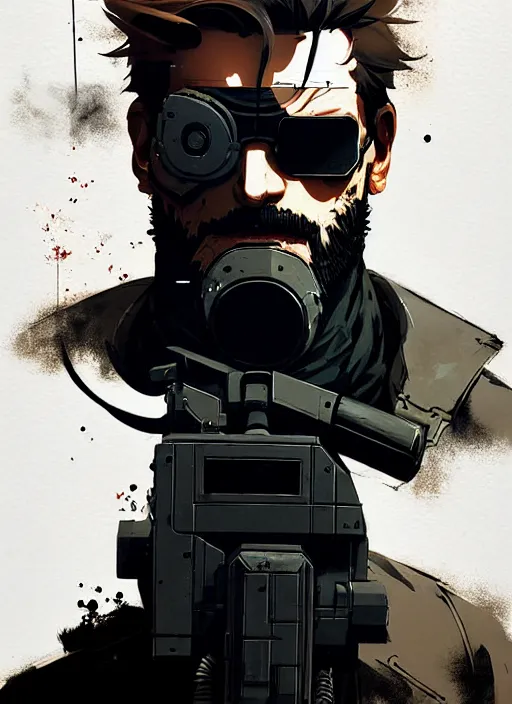 Image similar to highly detailed closeup of a moody solid snake mgs in codek by atey ghailan, by greg rutkowski, by greg tocchini, by james gilleard, by joe fenton, by kaethe butcher, gradient, blue, black, brown and white color scheme muted tones, grunge aesthetic!!! white graffiti tag wall background