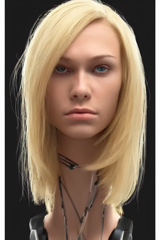Image similar to robot with human face, female head, full body angle, woman human face, human face realistic, beautiful blonde hair, human head, human head with blonde hair, blonde hair human head, blonde hair, human realistic face, human head skin, cyborg frame concept, cyborg by ales-kotnik, sci-fi android female, the body is made of wires, robotic body, cyborg body, cyborg bust body, robot body cyborg, full body