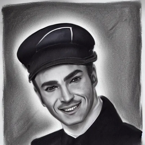 Image similar to a seafairing gay french man with a snooty smug smile, sailor's uniform, twink, charcoal drawing, black and white, ink and paper, portrait, trending on artstation, behance, deviantart, drawn by tom lovell, artgerm, jsc, j. scott campbell