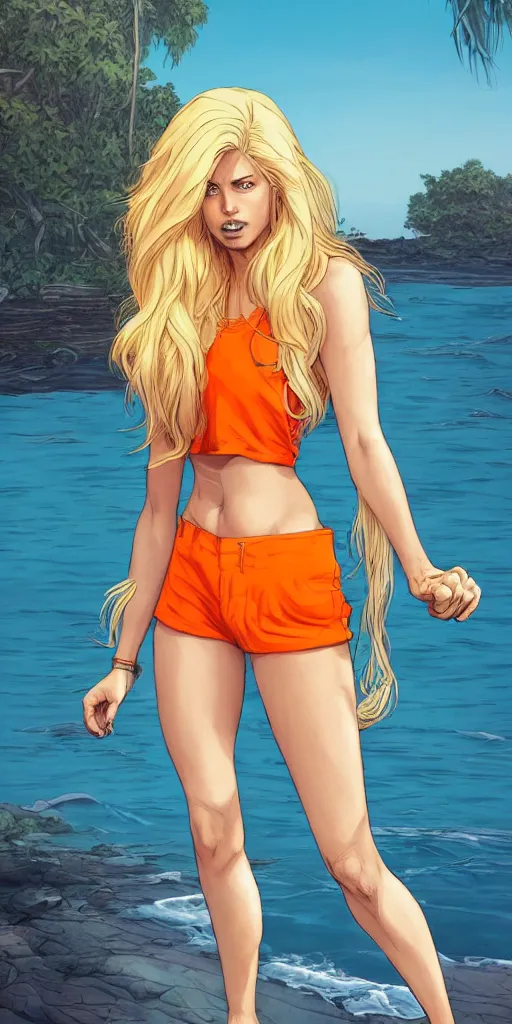 Prompt: a gorgeous hulking beast of a woman with very long hip-length blonde hair, wearing a cut-off white top and orange cut-off shorts standing by the water, in the style of artgerm and moebius and annie liebovitz, marvel comics, photorealistic, highly detailed, trending on artstation