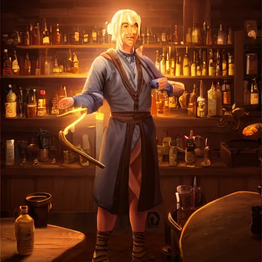 Image similar to barkeep tavern blonde short hair middle age man ultra detailed fantasy, elden ring, realistic, dnd character portrait, full body, dnd, rpg, lotr game design fanart by concept art, behance hd, artstation, deviantart, global illumination radiating a glowing aura global illumination ray tracing hdr render in unreal engine 5