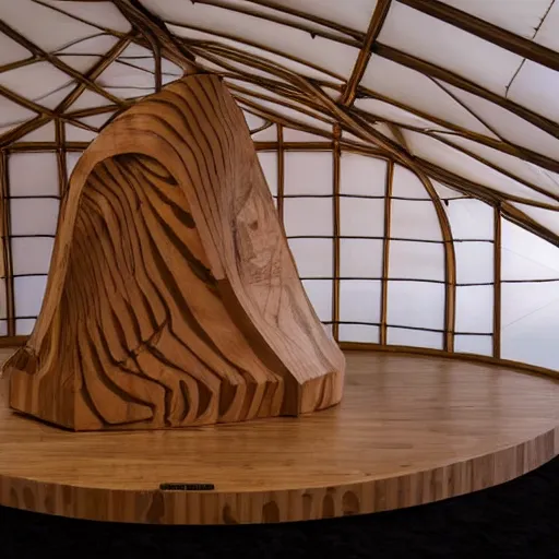 Image similar to wooden sculpture of a tent and a huge salmon, polished maple, thoughtful, elegant, real