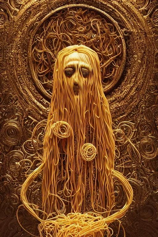 Image similar to ancient spaghetti god, holy regal spaghetti creature, shining white light, luxurious throne, mystical being with a face of spaghetti, intricate statue, gold, spaghetti face, detailed realistic painting, 4 k