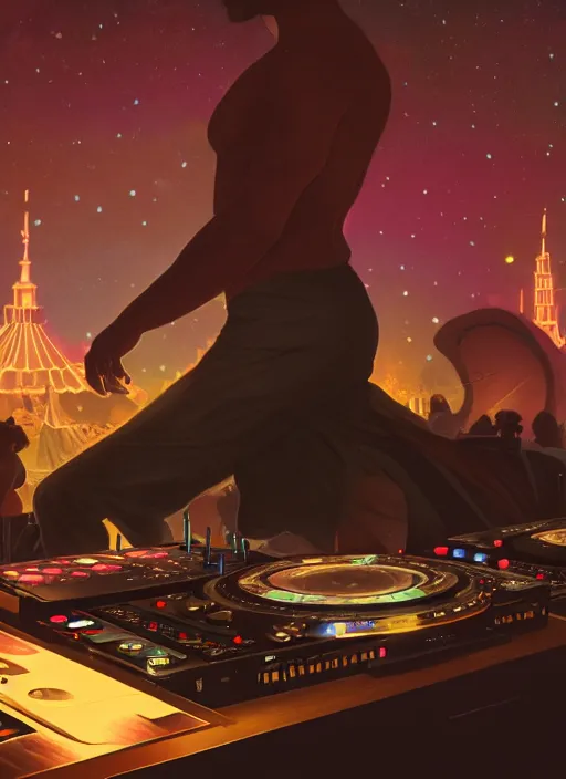 Image similar to A wide shot of a man djing at night under the stars, beautiful, digital art, artstation, hyperrealistic, 8k, unreal engine, octane render, trending on artstation, art by Artgerm and Greg Rutkowski and Alphonse Mucha