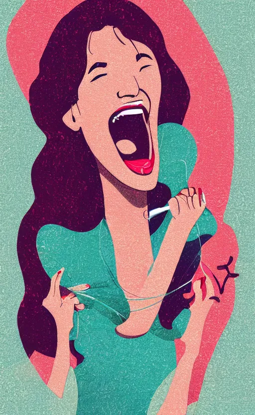 Image similar to illustration with a woman laughing out loud with open mouth, standup, comedy, joke, funny meme photo, trending on behance, art deco, digital illustration, storybook illustration, grainy texture, flat shading, vector art, airbrush, pastel, watercolor, poster