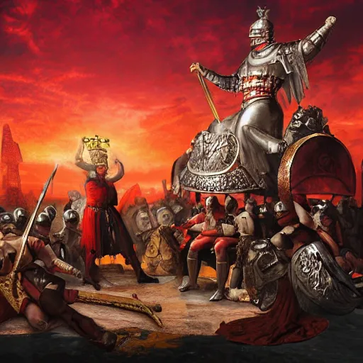 Image similar to julius caesar, wearing medieval knight armours, and queen victoria, wearing an ottoman crown, arm wrestling on the depths of hell, with satan watching over them riding a vulture. cyberpunk style architectures in the background, dawn, cloudy red sky. photograph, hyper realistic,