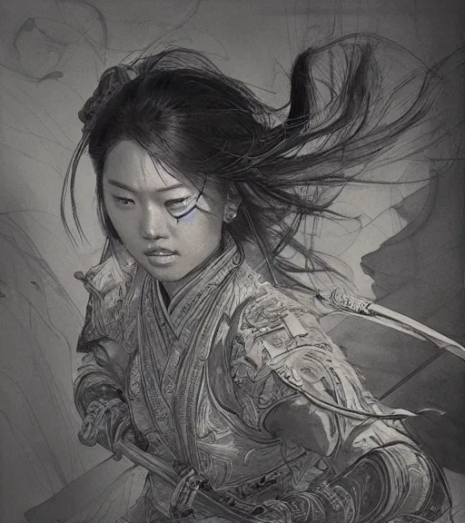 Image similar to hua mulan, pen and ink, intricate line drawings, by craig mullins, ruan jia, kentaro miura, greg rutkowski, loundraw