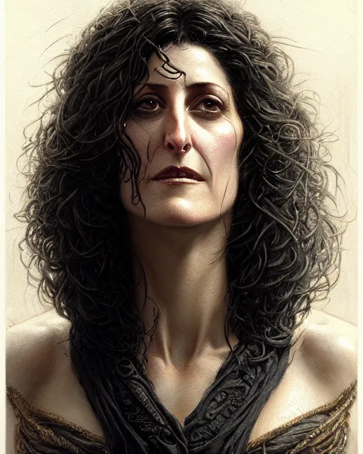 Image similar to lisa edelstein, thicc, character portrait, portrait, close up, concept art, intricate details, highly detailed by greg rutkowski, michael whelan and gustave dore