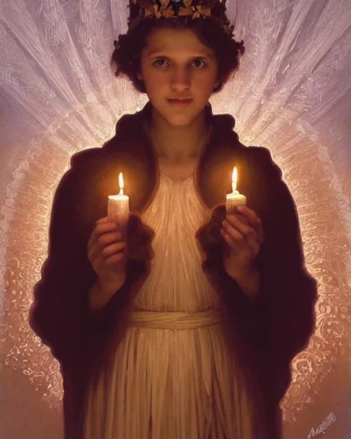 Prompt: a shadowy portrait painting of a shy, blushing 1 6 - year old alicia vikander or millie bobby brown as santa lucia with a crown of candles, lit only by candlelight in the darkness, intricate, elegant, highly detailed, artstation, concept art, by krenz cushart and donato giancola and william adolph bouguereau and alphonse mucha