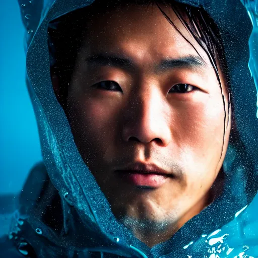 Image similar to a close up photographic portrait of a handsome japanese man stands in the ocean wearing wet weather gear looking worried taken by annie leibowitz. cinematic lighting, blue background colour, 5 0 mm, subsurface scatter, bladerunner sci fi.