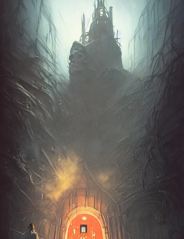 Image similar to sinister scary, afraid dark by greg rutkowski, ross tran, conrad roset, takato yomamoto, ilya kuvshinov huge gothic crematorium on desert planet, elevator, side ramp entrance ambulance smoke dead bodies, guards intricate, painting by lucian freud and mark brooks, bruce pennington, dark colors, neon, death, guards, nice style culture