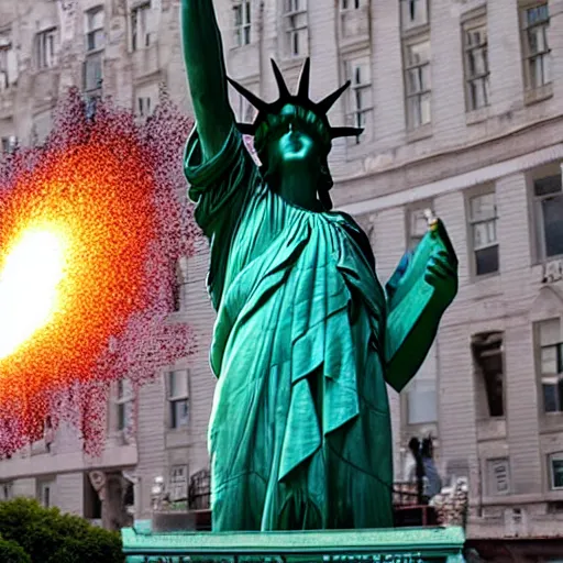 Prompt: liberty statue explode into pieces