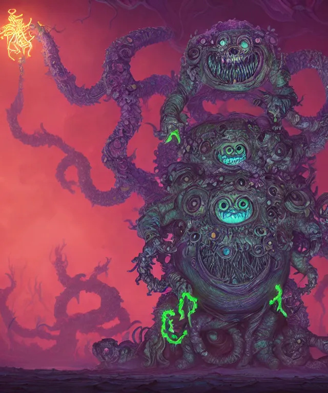 Image similar to a two headed xanathar made of bioluminescence in the art style of monsters inc, crisp 8 k line art, digital painting, artstation, unreal engine, octane render, emissive lighting, concept art, matte, sharp focus, hyper realistic lighting, illustration, art by junto ito and takato yamamoto and philippe druillet