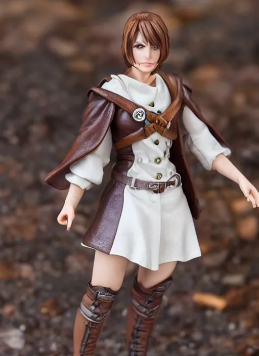 Image similar to 80mm resin detailed miniature of a female alchemist with short brown hair wearing a short dress, white stockings, leather boots and cape, Product Introduction Photos, 4K, Full body