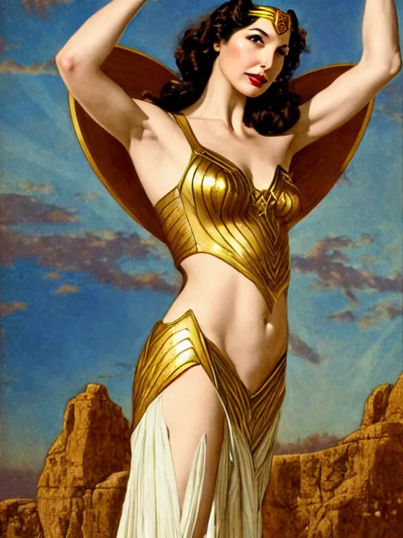 Image similar to Gal gadot as the magic Greek goddess Circe, a beautiful art nouveau portrait by Gil elvgren, moonlit Mediterranean environment, centered composition, defined features, golden ratio, intricate gold jewlery