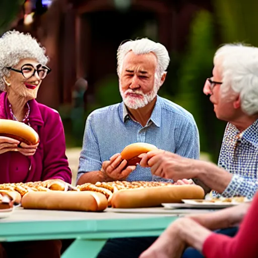 Image similar to a movie still from the antiques roadshow, old people discussing a priceless hot dog, uhd, 8k,