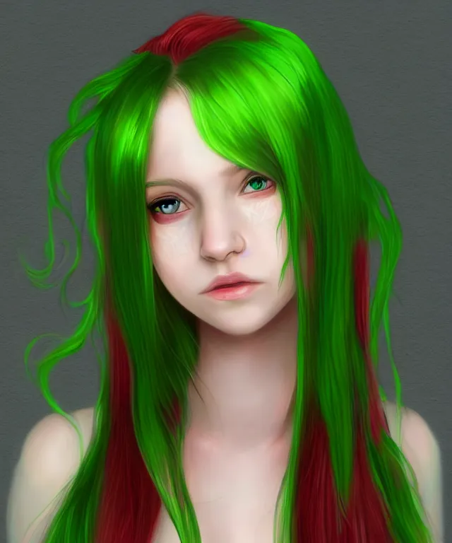 Prompt: Fae Teenage girl, Fantasy, highly detailed, portrait, long red hair, green highlights