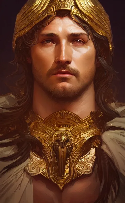 Image similar to portrait of the god ares, greek mythology, intricate, headshot, highly detailed, digital painting, artstation, concept art, sharp focus, cinematic lighting, illustration, art by artgerm and greg rutkowski, alphonse mucha, cgsociety