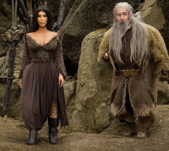 Prompt: a movie still of kim kardashian in the movie the hobbit