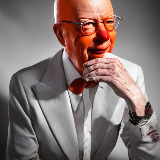 Prompt: UHD candid photo of Klaus Schwab wearing an orange jumpsuit, in shackles, wearing extremely accurate clown makeup, accurate face, UHD, photorealistic, correct face, photo by Annie Leibowitz