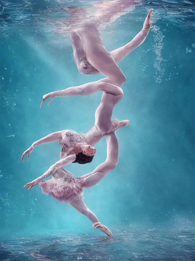 Image similar to a beautiful hyperdetailed rendering of a extremely cohesive underwater ballerina lyrical dancer weightless and drowning, ultrawide angle, aquasixio