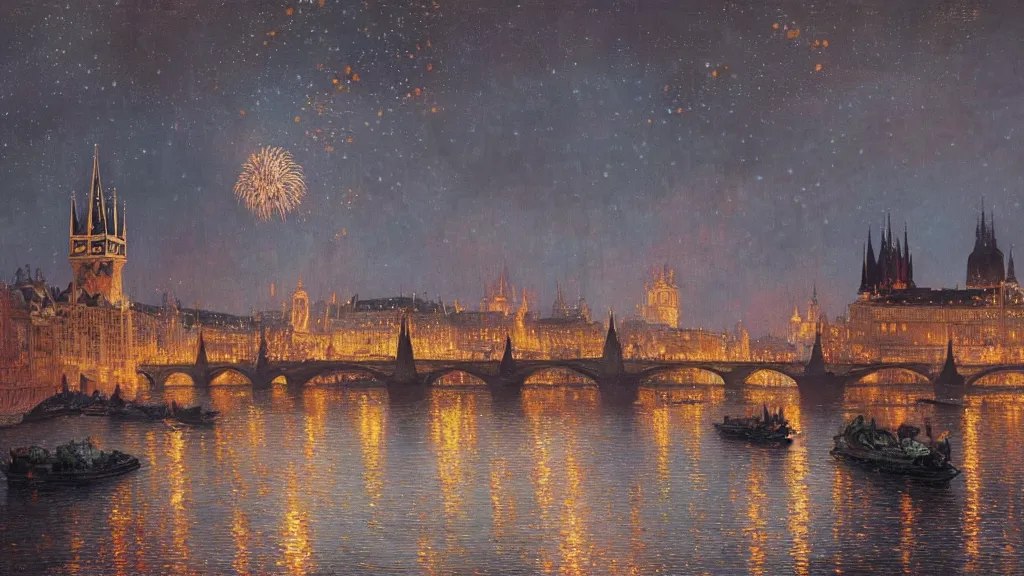 Image similar to a beautiful painting of the view from the river of london or prague during a fireworks festival, at night with a sky full of stars and fireworks, intricate, elegant, highly detailed, digital painting, artstation, concept art, by krenz cushart and artem demura and alphonse mucha