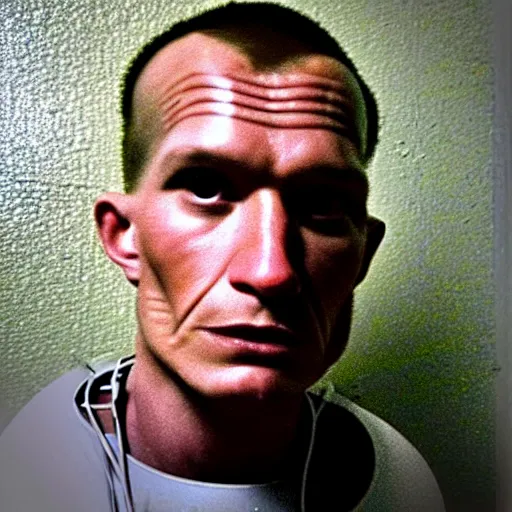 Image similar to grainy photo of an ugly man, wearing bionic implants, cyborg, cyborg, cyborg, criminal, mugshot background