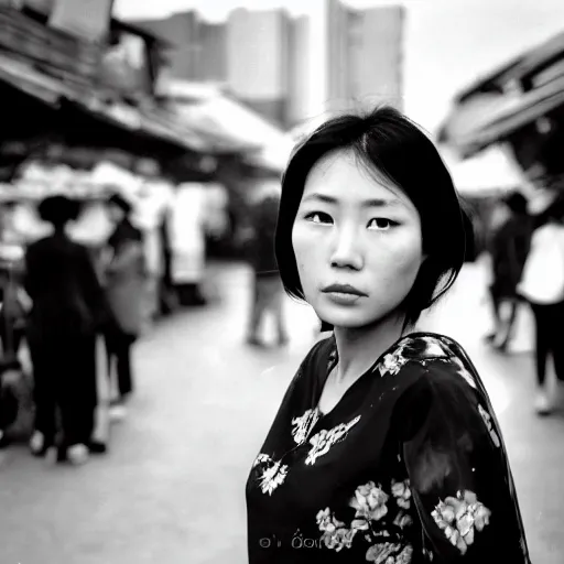 Prompt: a photograph portrait of a beautiful asian woman staring at the camera, she is in a crowded open market, Kodak film