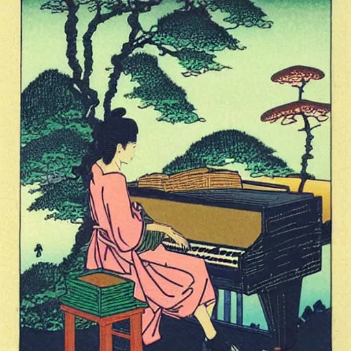 Prompt: Beautiful landscape, lush plants, sunrise, a woman playing the piano, glowing eyes like the one in the picture, by Hokusai and James Gurney + Black paper with universe symbols + Tarot Card