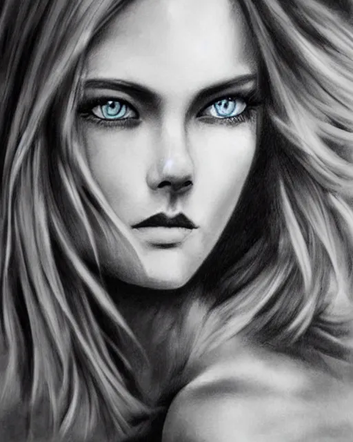 Image similar to tattoo design sketch of a beautiful blue - eyed woman face with a faded background of beautiful mountains and nature on her side, hyper - realistic, in the style of den yakovlev, amazing detail, black and white