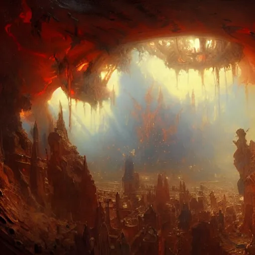 Image similar to a chapel's ceiling is broken in half as a red magical portal from hell opens up there. highly detailed painting by gaston bussiere, greg rutkowski, craig mullins 8 k